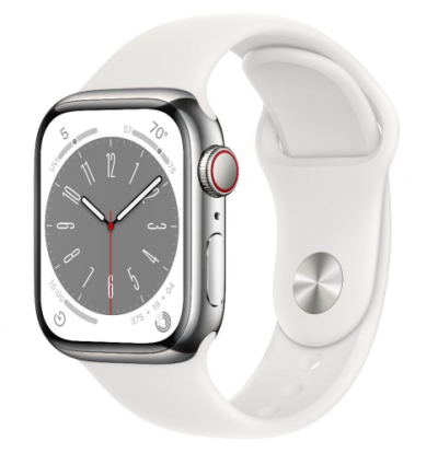 APPLE Watch 8 GPS + Cellular 45mm Silver Stainless Steel Case with White Sport Band - Regular